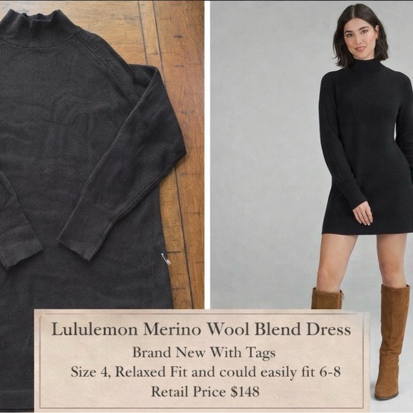 Lululemon Merino Wool Blend Knit Sweater Dress Black Size 4 NWT - Picture 2 of 6